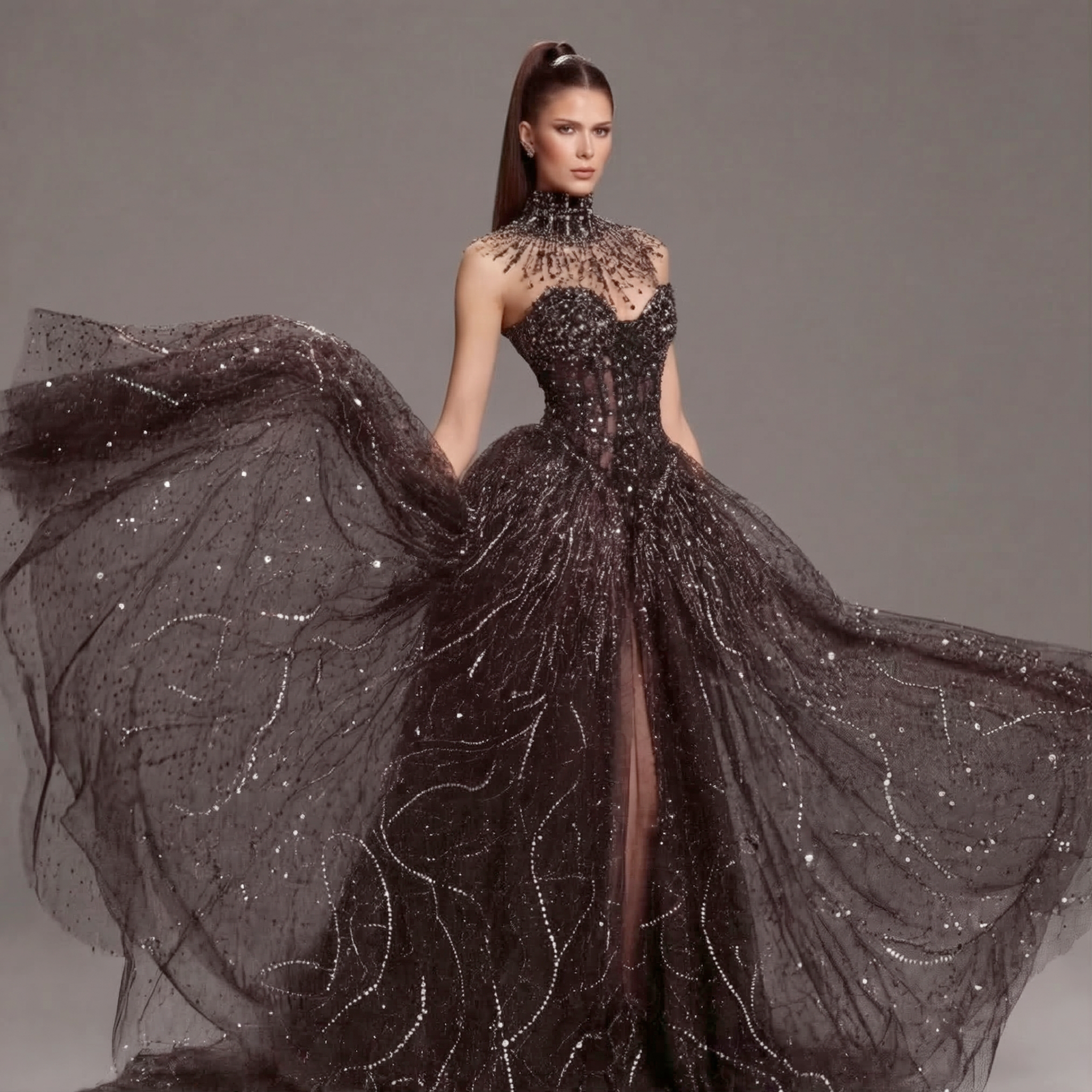 Black High Neck Crystal Ball Gown with Sheer Corset, Embellished Collar, High Slit and Dramatic Train