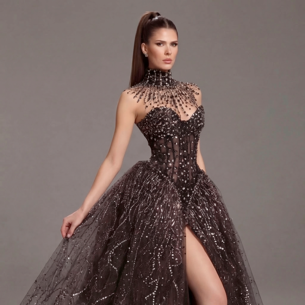 Black High Neck Crystal Ball Gown with Sheer Corset, Embellished Collar, High Slit and Dramatic Train