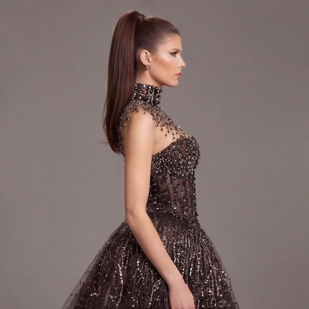 Black High Neck Crystal Ball Gown with Sheer Corset, Embellished Collar, High Slit and Dramatic Train