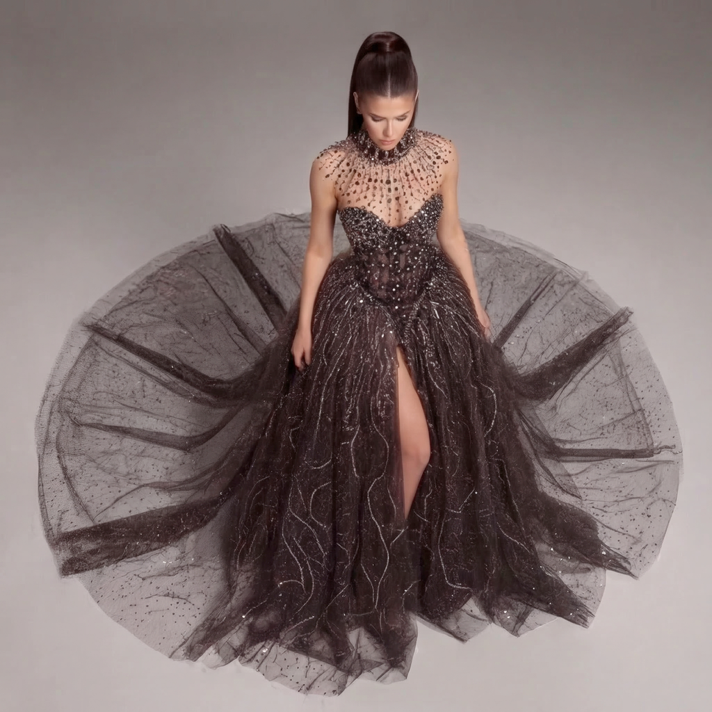 Black High Neck Crystal Ball Gown with Sheer Corset, Embellished Collar, High Slit and Dramatic Train