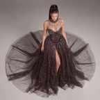 Black High Neck Crystal Ball Gown with Sheer Corset, Embellished Collar, High Slit and Dramatic Train