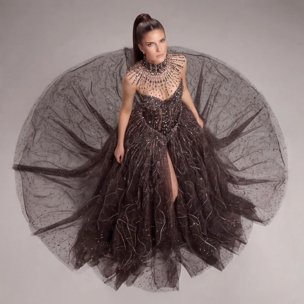 Black High Neck Crystal Ball Gown with Sheer Corset, Embellished Collar, High Slit and Dramatic Train