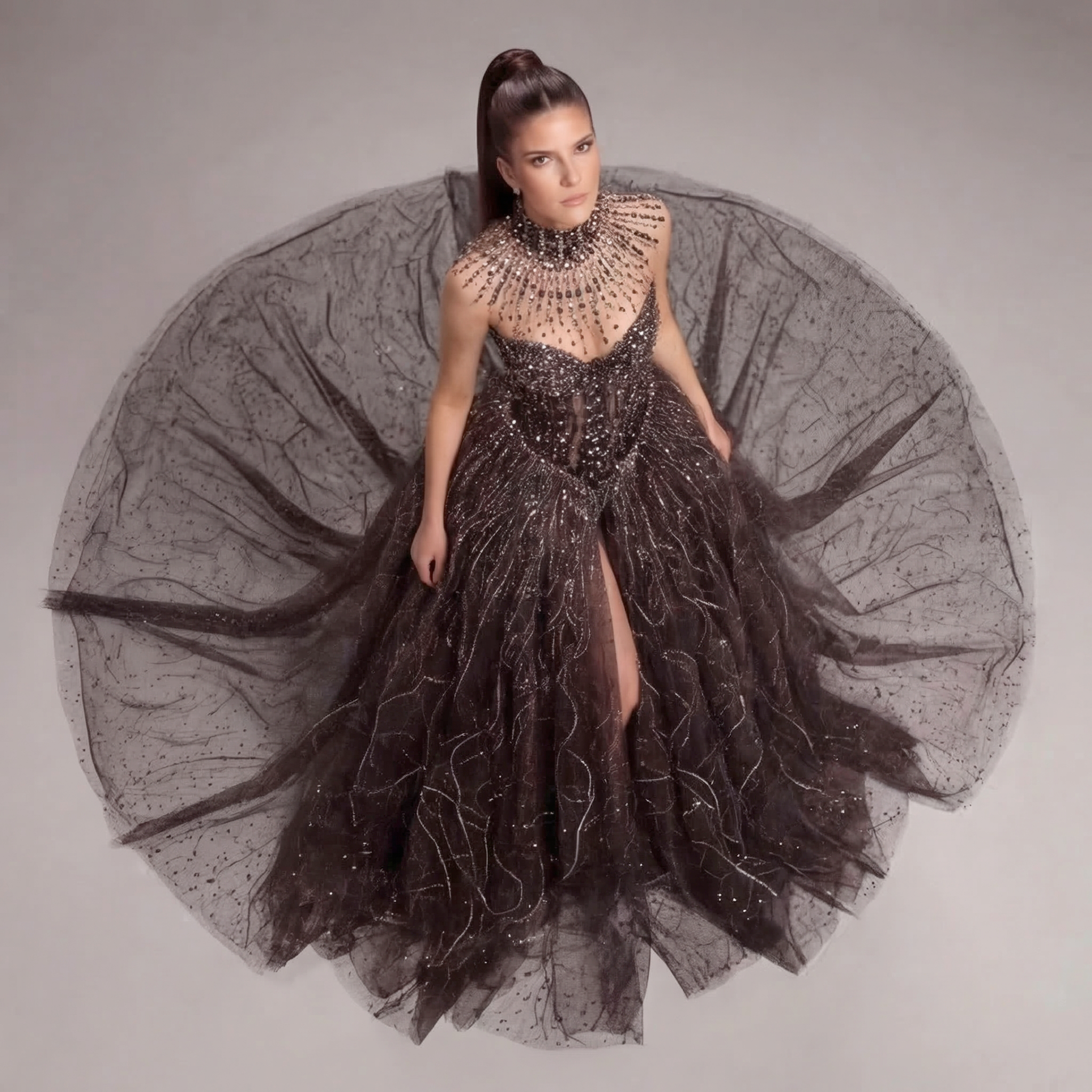 Black High Neck Crystal Ball Gown with Sheer Corset, Embellished Collar, High Slit and Dramatic Train