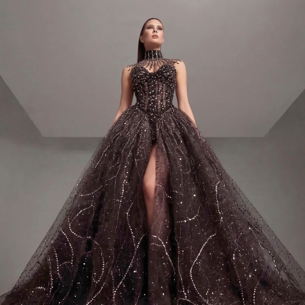 Black High Neck Crystal Ball Gown with Sheer Corset, Embellished Collar, High Slit and Dramatic Train