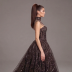 Black High Neck Crystal Ball Gown with Sheer Corset, Embellished Collar, High Slit and Dramatic Train