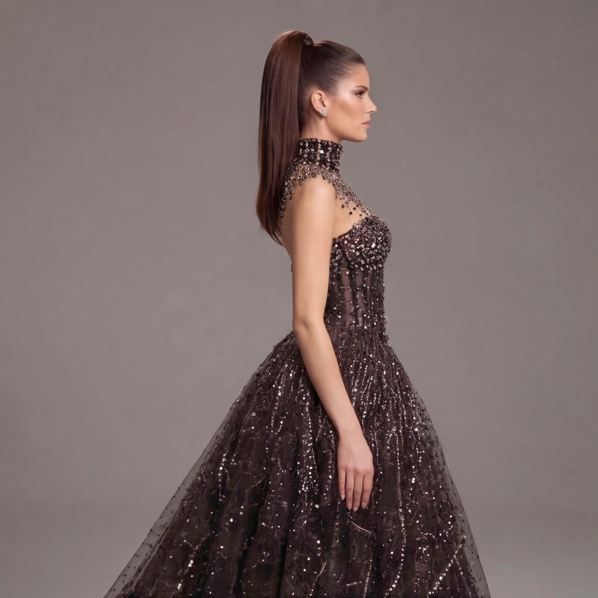 Black High Neck Crystal Ball Gown with Sheer Corset, Embellished Collar, High Slit and Dramatic Train