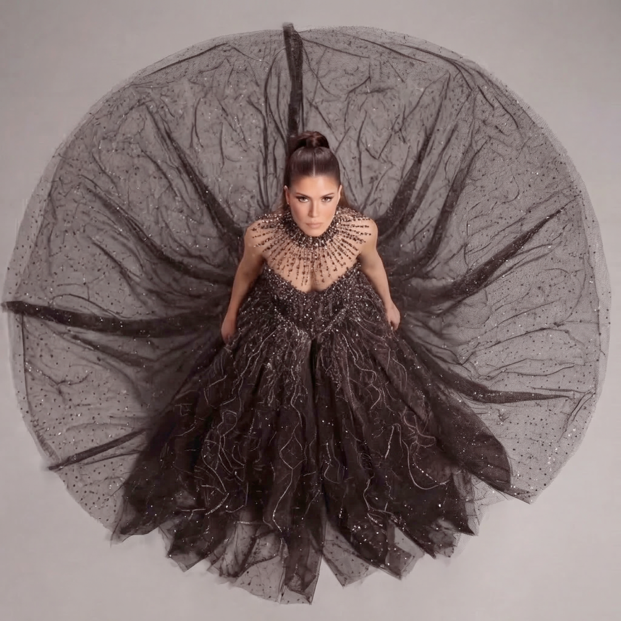 Black High Neck Crystal Ball Gown with Sheer Corset, Embellished Collar, High Slit and Dramatic Train