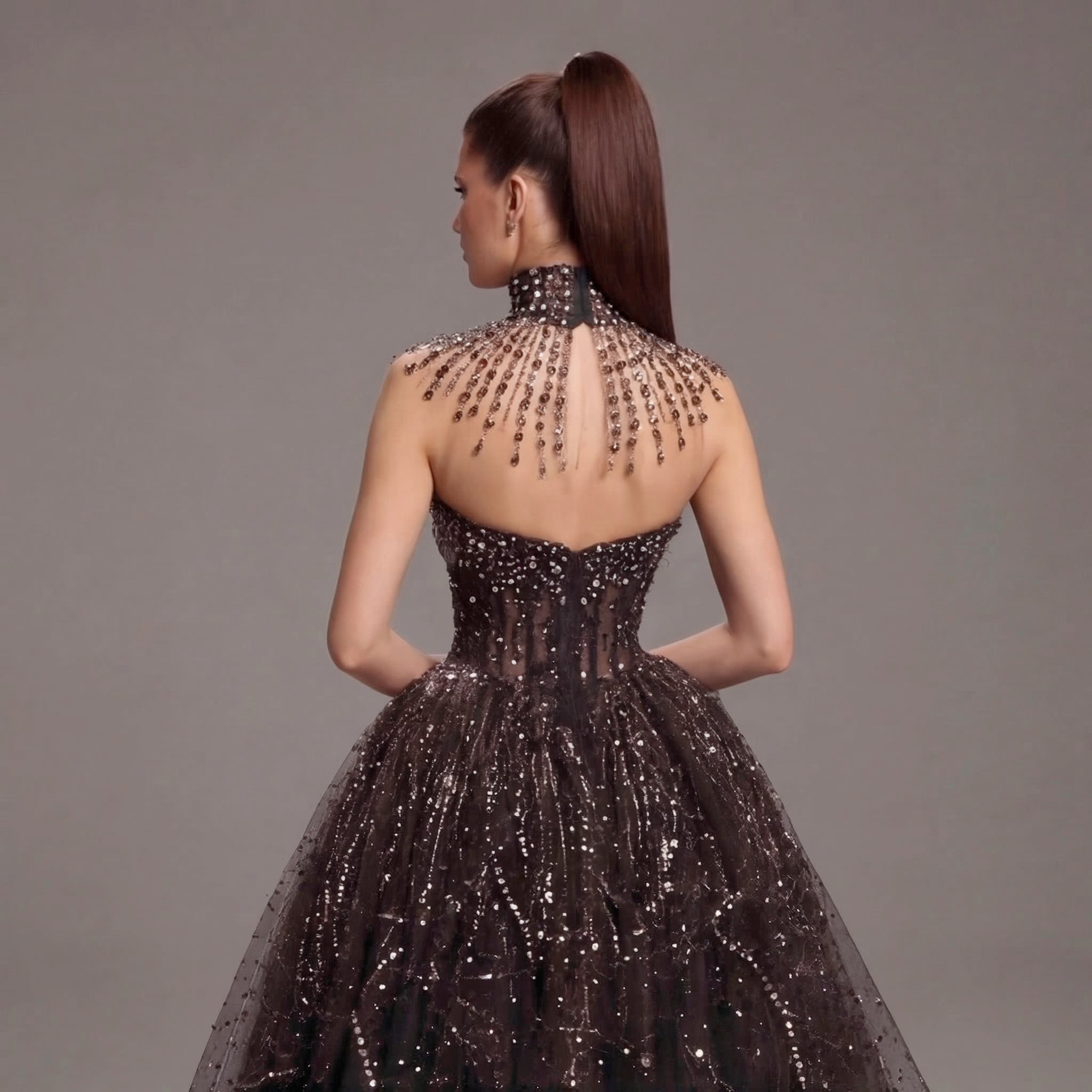 Black High Neck Crystal Ball Gown with Sheer Corset, Embellished Collar, High Slit and Dramatic Train