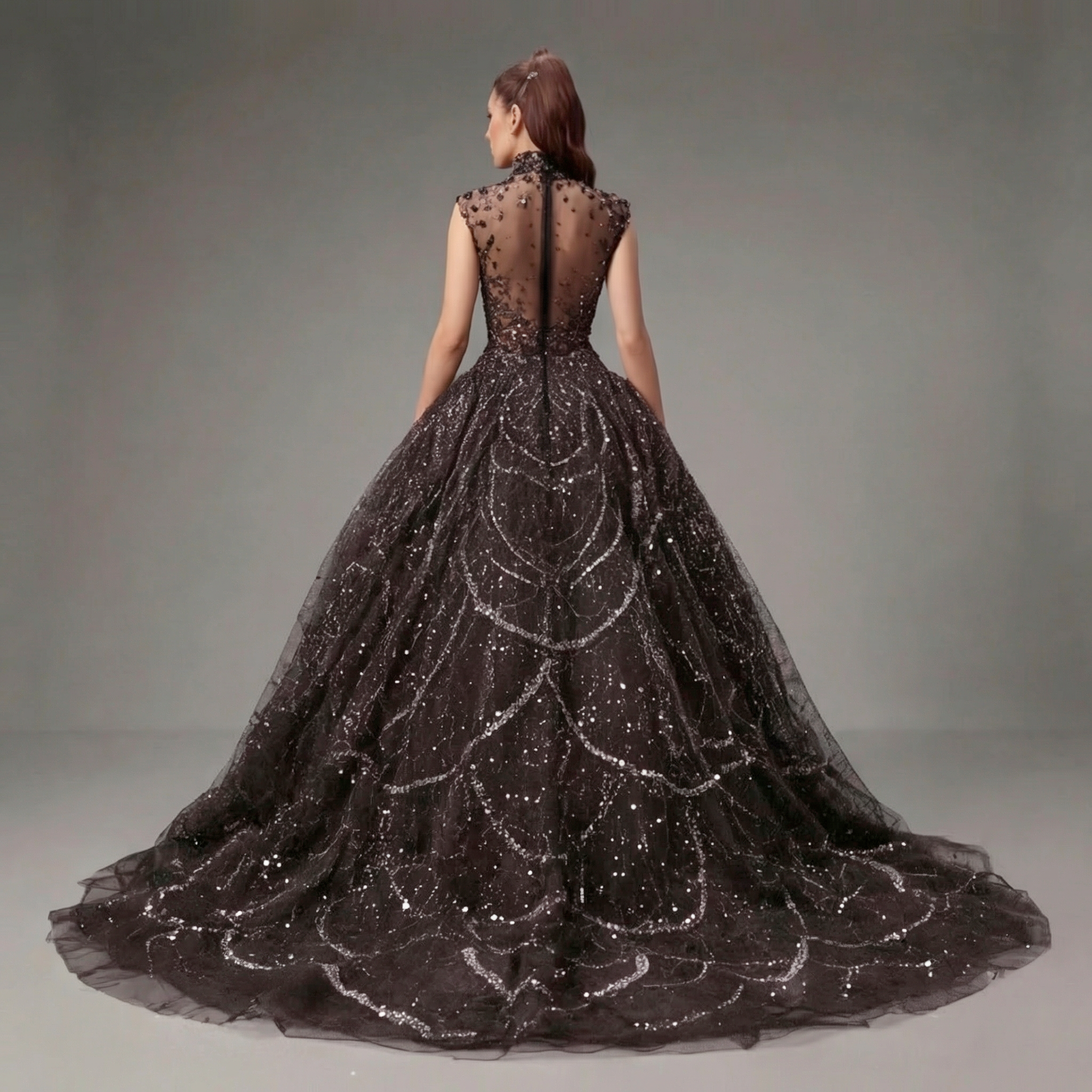Black High Neck Embellished Ball Gown with Sheer Bodice, Crystal Detailing, Full Skirt and Dramatic Train
