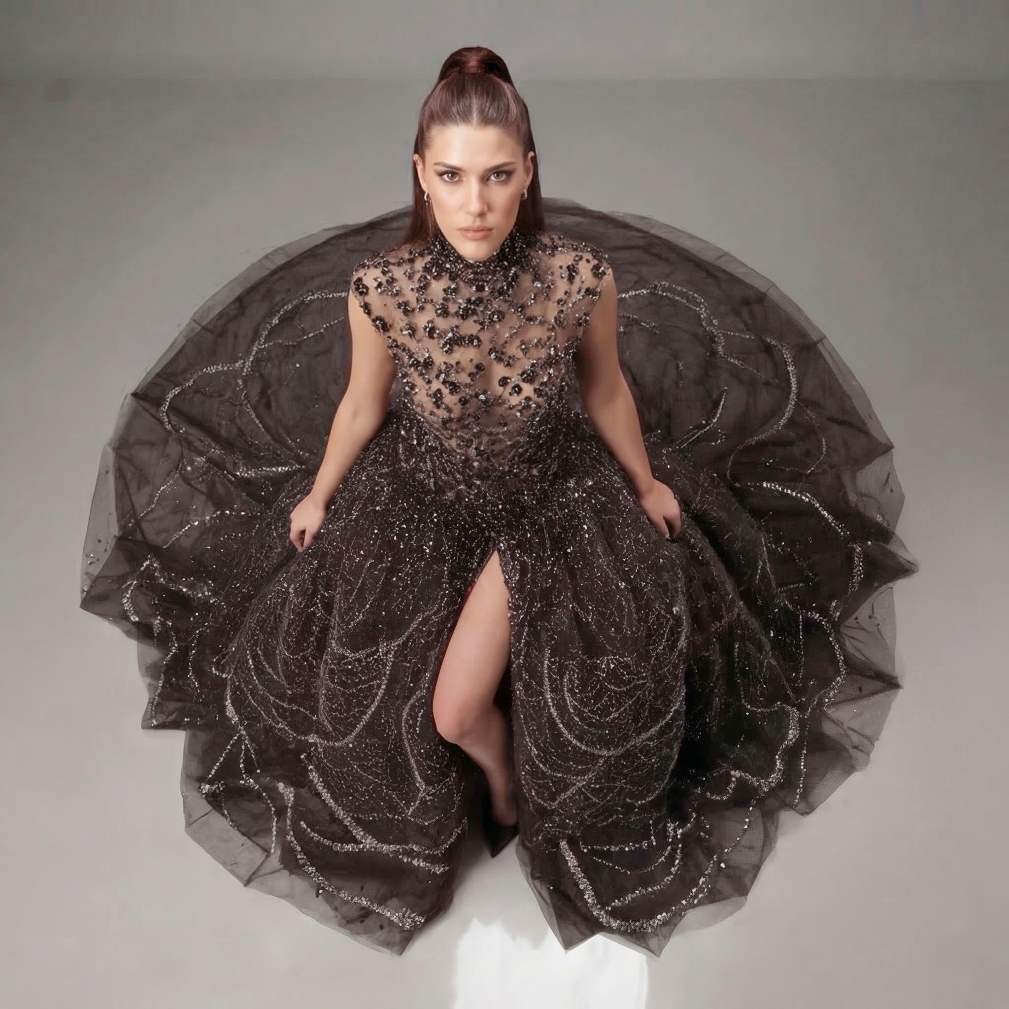 Black High Neck Embellished Ball Gown with Sheer Bodice, Crystal Detailing, Full Skirt and Dramatic Train