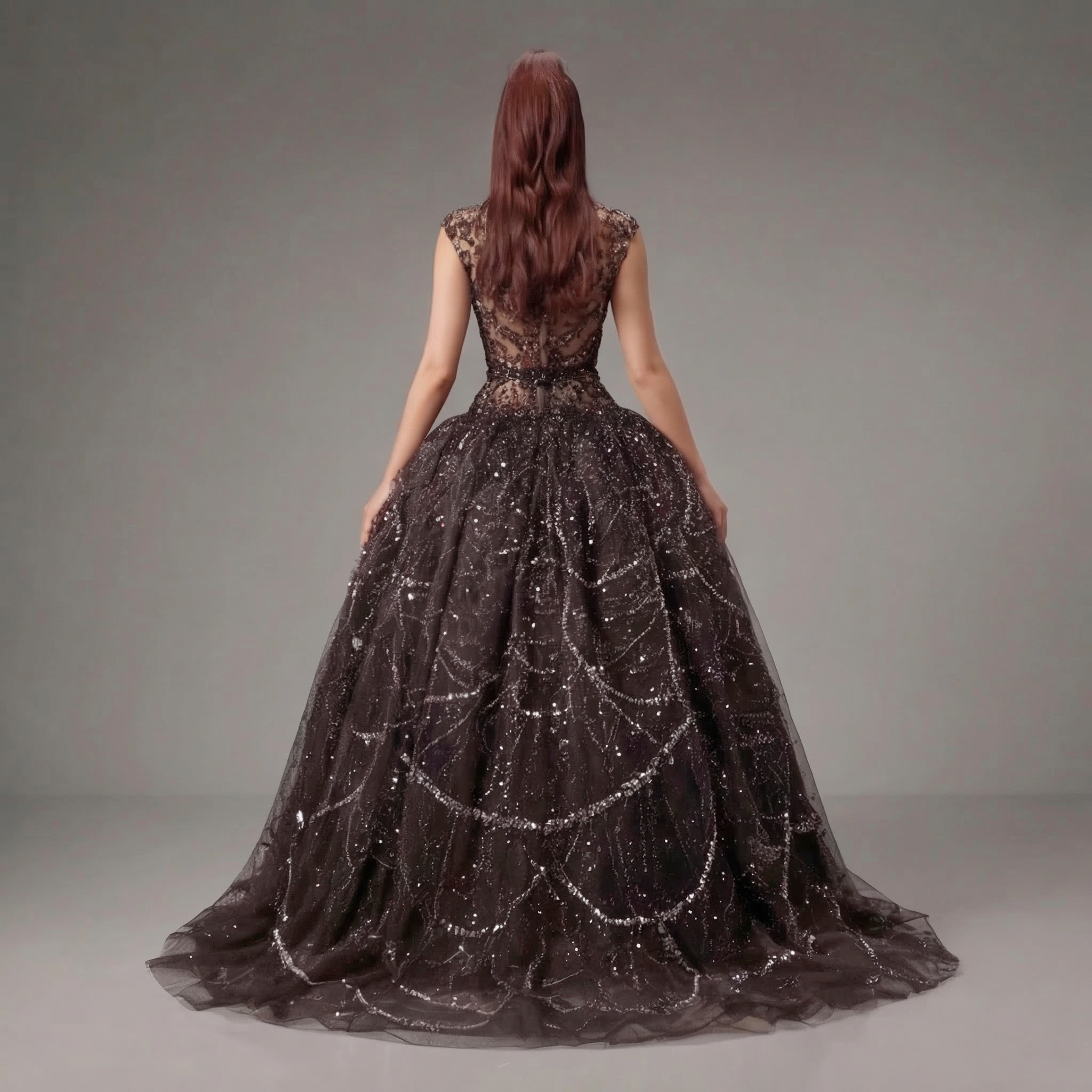 Black High Neck Embellished Ball Gown with Sheer Bodice, Crystal Detailing, Full Skirt and Dramatic Train