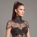 Black Crystal Embellished High Neck Ball Gown with Sheer Corset, Full Skirt, High Slit and Dramatic Train