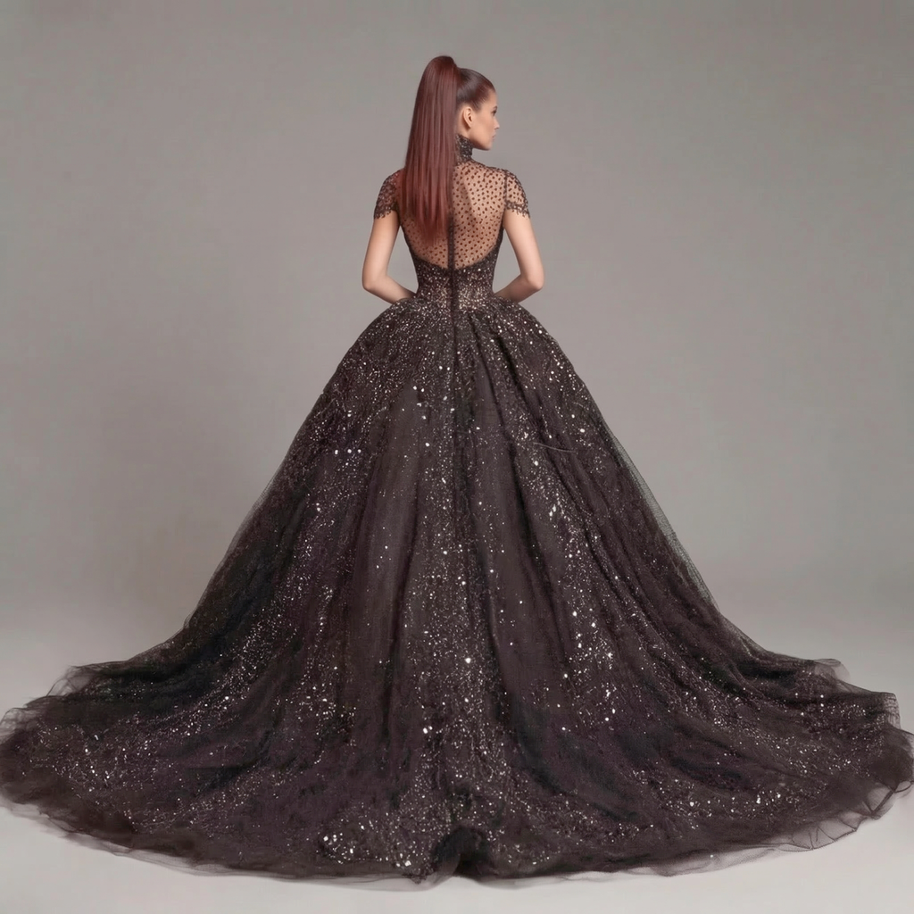 Black Crystal Embellished High Neck Ball Gown with Sheer Corset, Full Skirt, High Slit and Dramatic Train