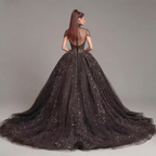 Black Crystal Embellished High Neck Ball Gown with Sheer Corset, Full Skirt, High Slit and Dramatic Train