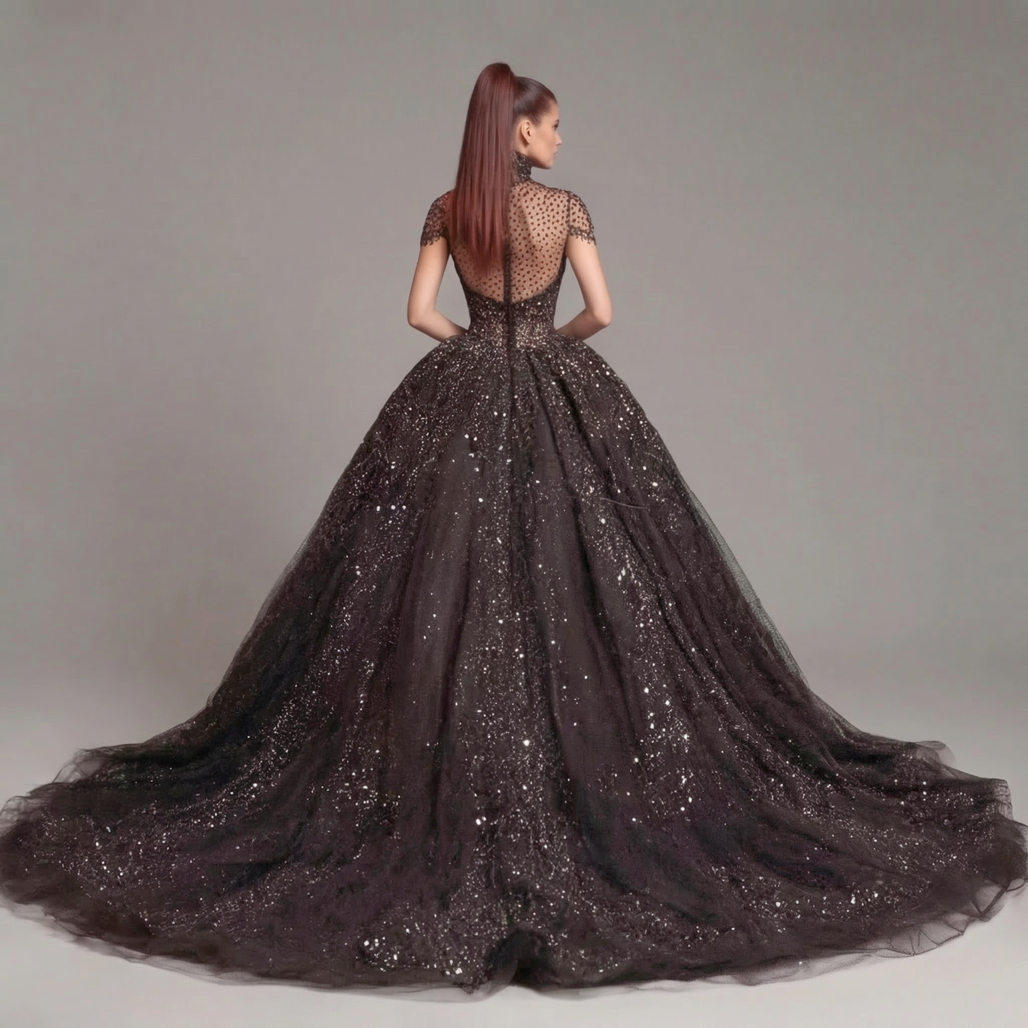Black Crystal Embellished High Neck Ball Gown with Sheer Corset, Full Skirt, High Slit and Dramatic Train