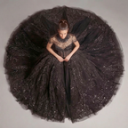 Black Crystal Embellished High Neck Ball Gown with Sheer Corset, Full Skirt, High Slit and Dramatic Train
