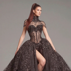 Black Crystal Embellished High Neck Ball Gown with Sheer Corset, Full Skirt, High Slit and Dramatic Train