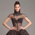 Black Crystal Embellished High Neck Ball Gown with Sheer Corset, Full Skirt, High Slit and Dramatic Train