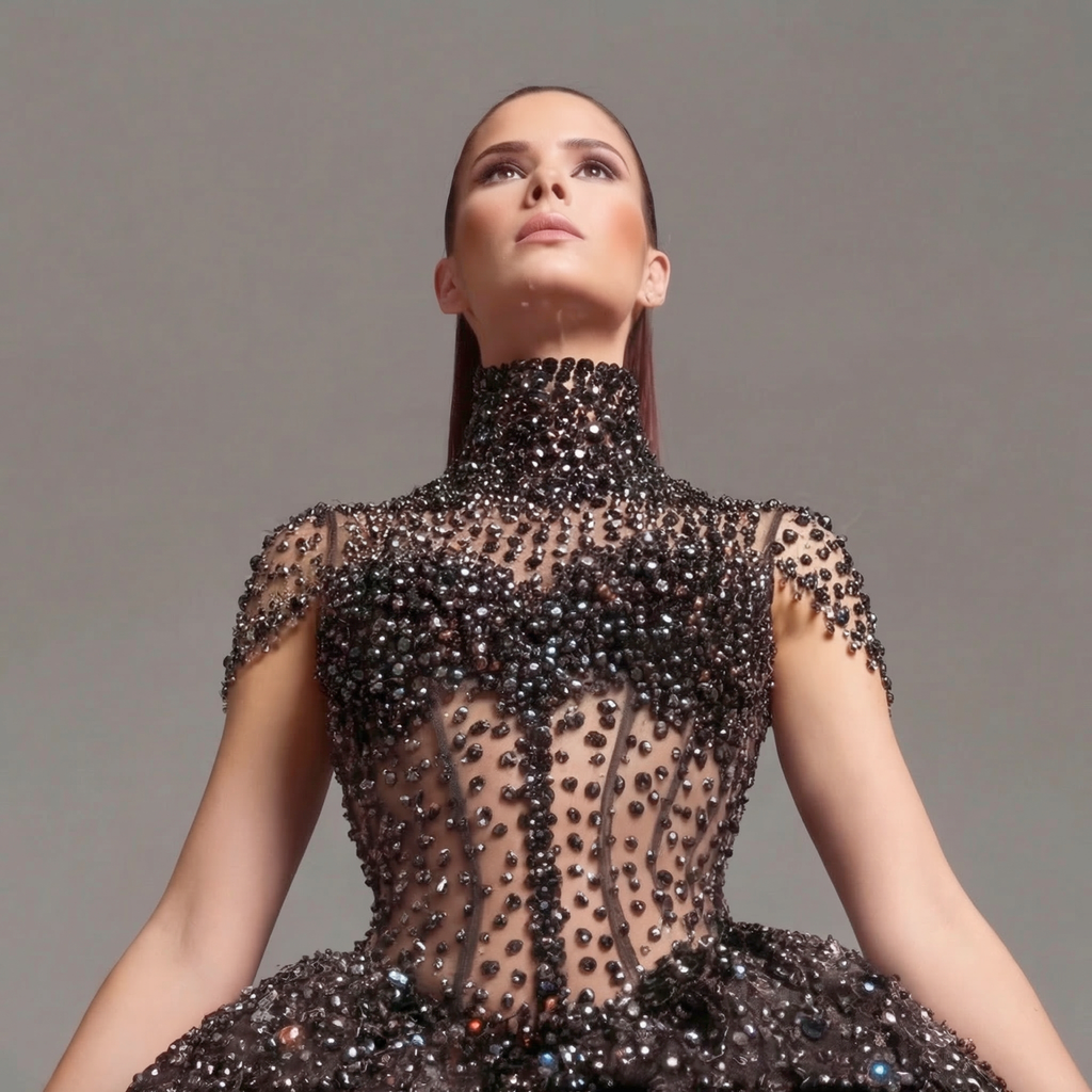 Black Crystal Embellished High Neck Ball Gown with Sheer Corset, Full Skirt, High Slit and Dramatic Train