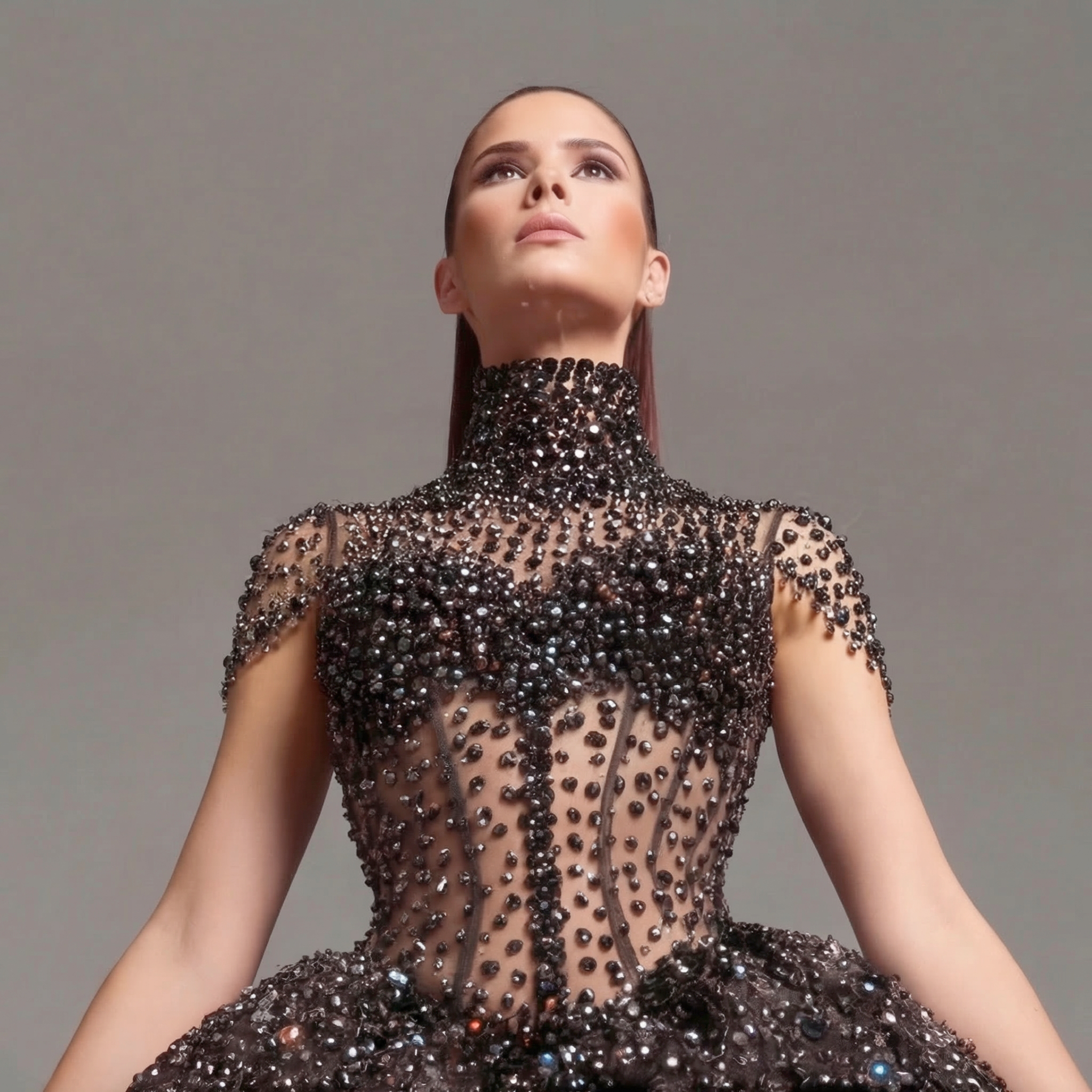 Black Crystal Embellished High Neck Ball Gown with Sheer Corset, Full Skirt, High Slit and Dramatic Train