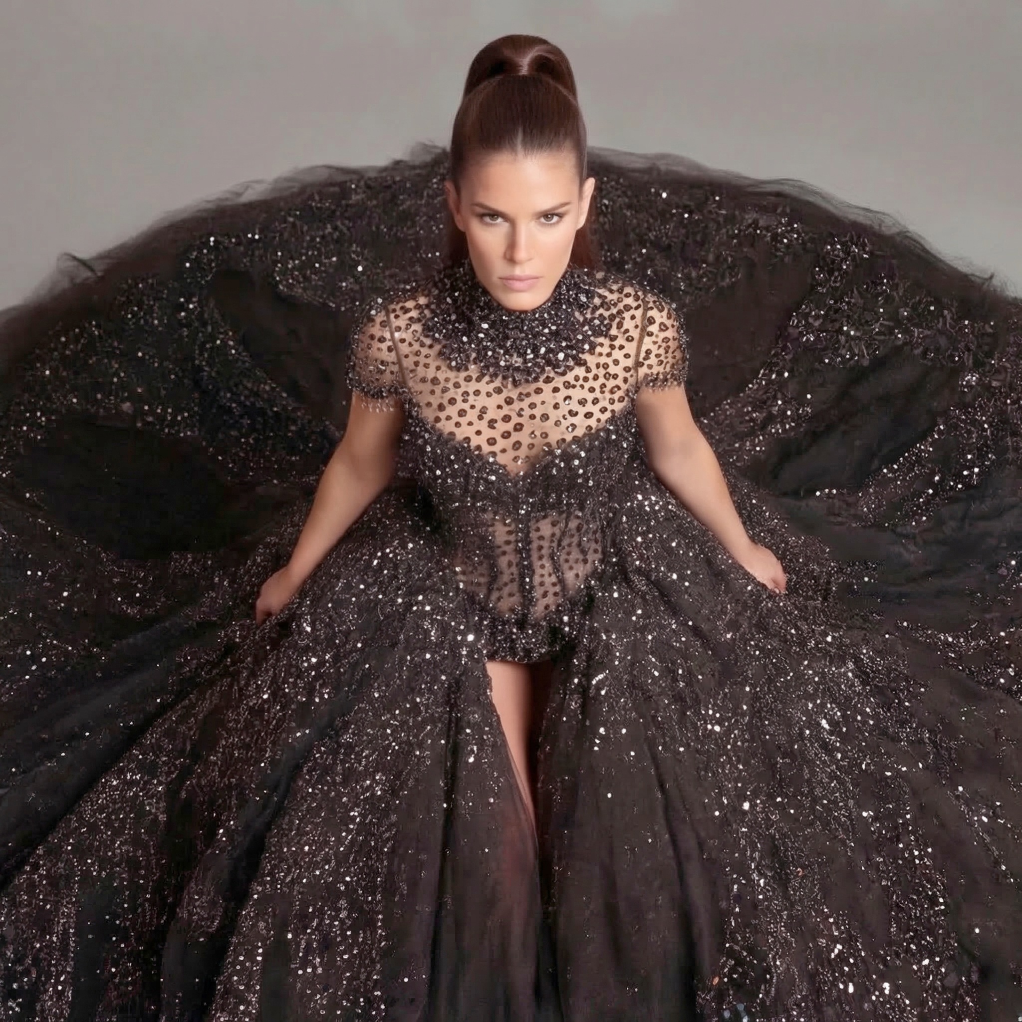 Black Crystal Embellished High Neck Ball Gown with Sheer Corset, Full Skirt, High Slit and Dramatic Train
