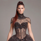 Black Crystal Embellished High Neck Ball Gown with Sheer Corset, Full Skirt, High Slit and Dramatic Train