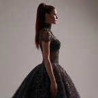 Black Crystal Embellished High Neck Ball Gown with Sheer Corset, Full Skirt, High Slit and Dramatic Train