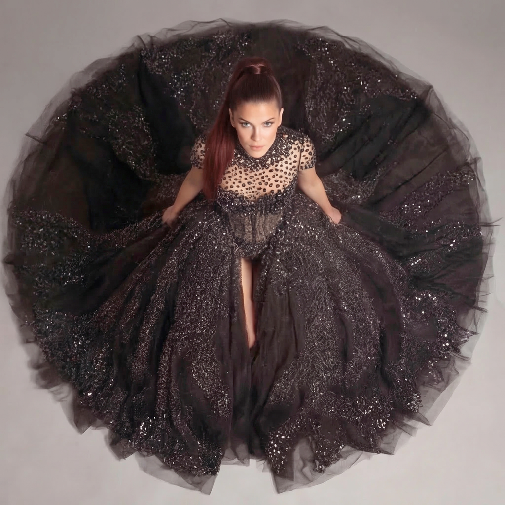 Black Crystal Embellished High Neck Ball Gown with Sheer Corset, Full Skirt, High Slit and Dramatic Train