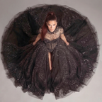 Black Crystal Embellished High Neck Ball Gown with Sheer Corset, Full Skirt, High Slit and Dramatic Train