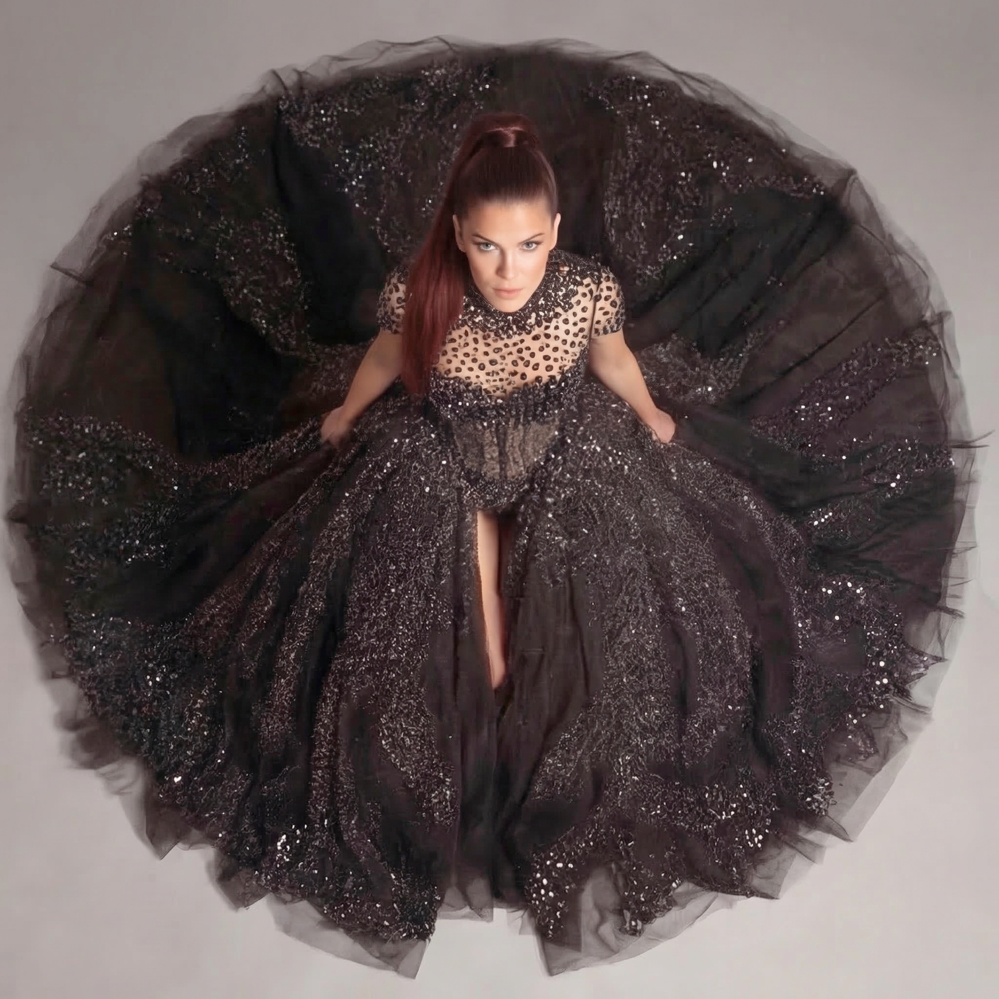 Black Crystal Embellished High Neck Ball Gown with Sheer Corset, Full Skirt, High Slit and Dramatic Train