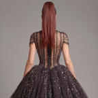 Black Crystal Embellished High Neck Ball Gown with Sheer Corset, Full Skirt, High Slit and Dramatic Train