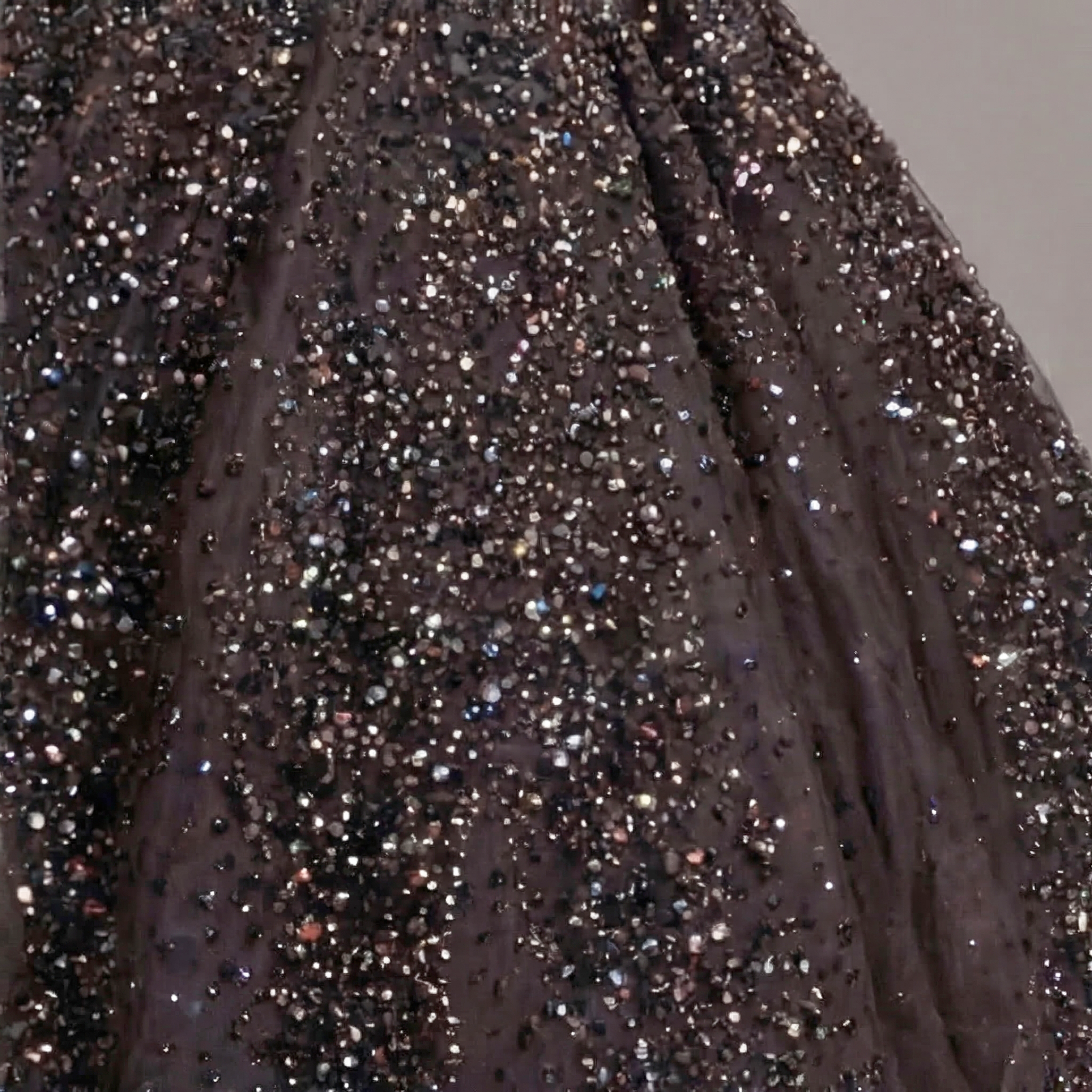 Black Crystal Embellished High Neck Ball Gown with Sheer Corset, Full Skirt, High Slit and Dramatic Train