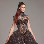 Black Crystal Embellished High Neck Ball Gown with Sheer Corset, Full Skirt, High Slit and Dramatic Train