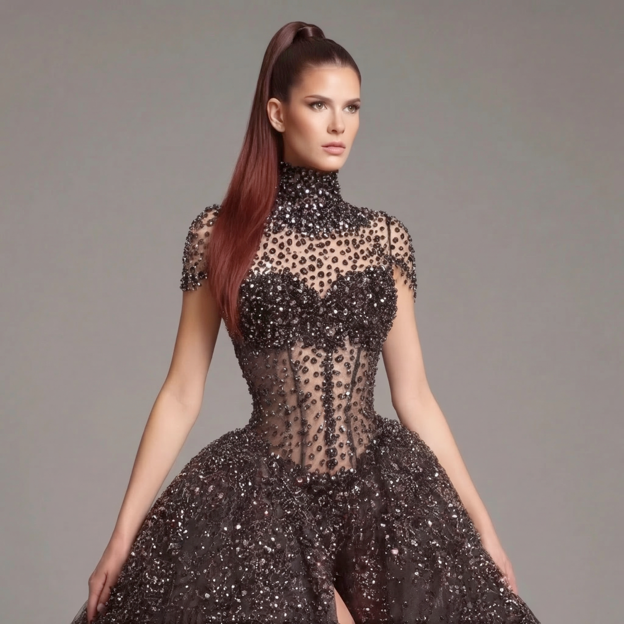 Black Crystal Embellished High Neck Ball Gown with Sheer Corset, Full Skirt, High Slit and Dramatic Train