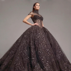 Black Crystal Embellished High Neck Ball Gown with Sheer Corset, Full Skirt, High Slit and Dramatic Train