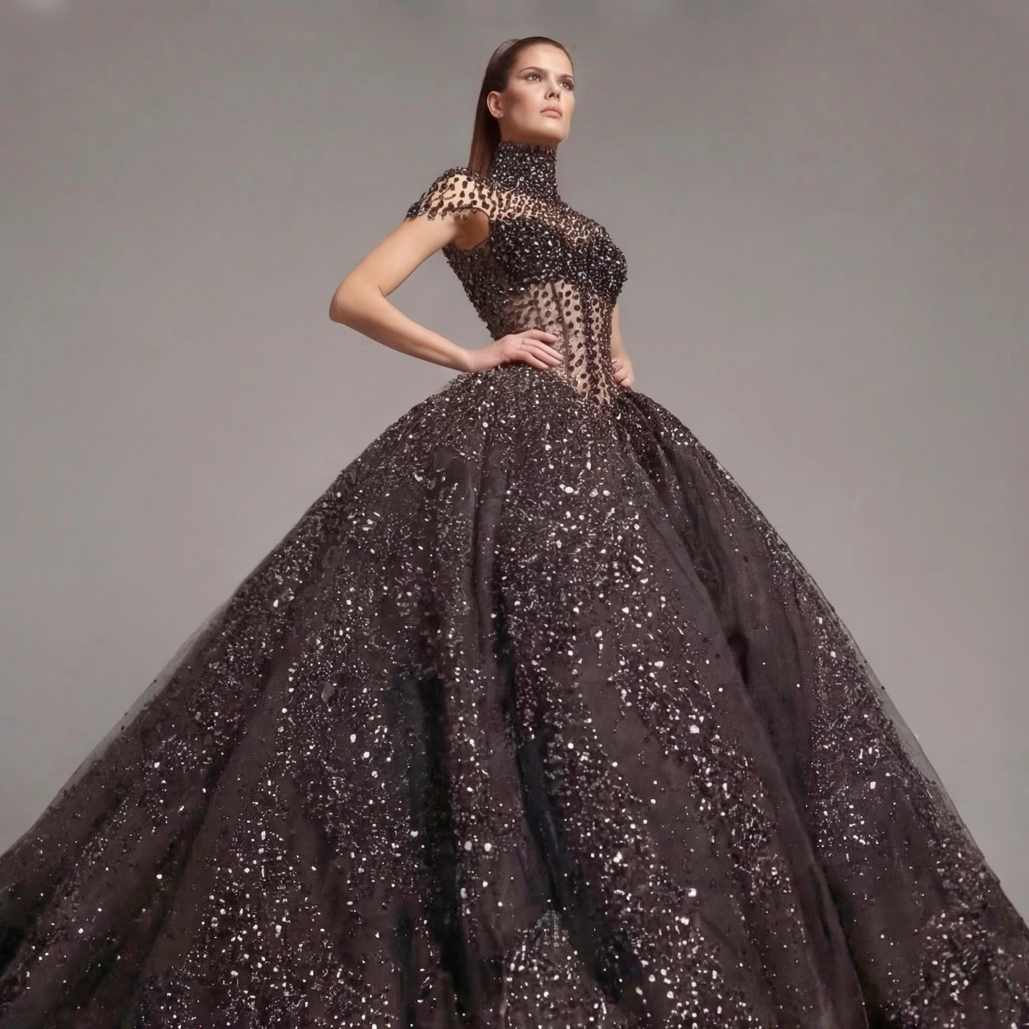 Black Crystal Embellished High Neck Ball Gown with Sheer Corset, Full Skirt, High Slit and Dramatic Train