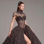 Black Crystal Embellished High Neck Ball Gown with Sheer Corset, Full Skirt, High Slit and Dramatic Train