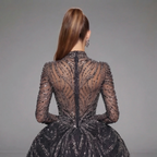 Black Glitter Long Sleeve Ball Gown with High Neck, Sheer Illusion Bodice, High Slit and Cathedral Train