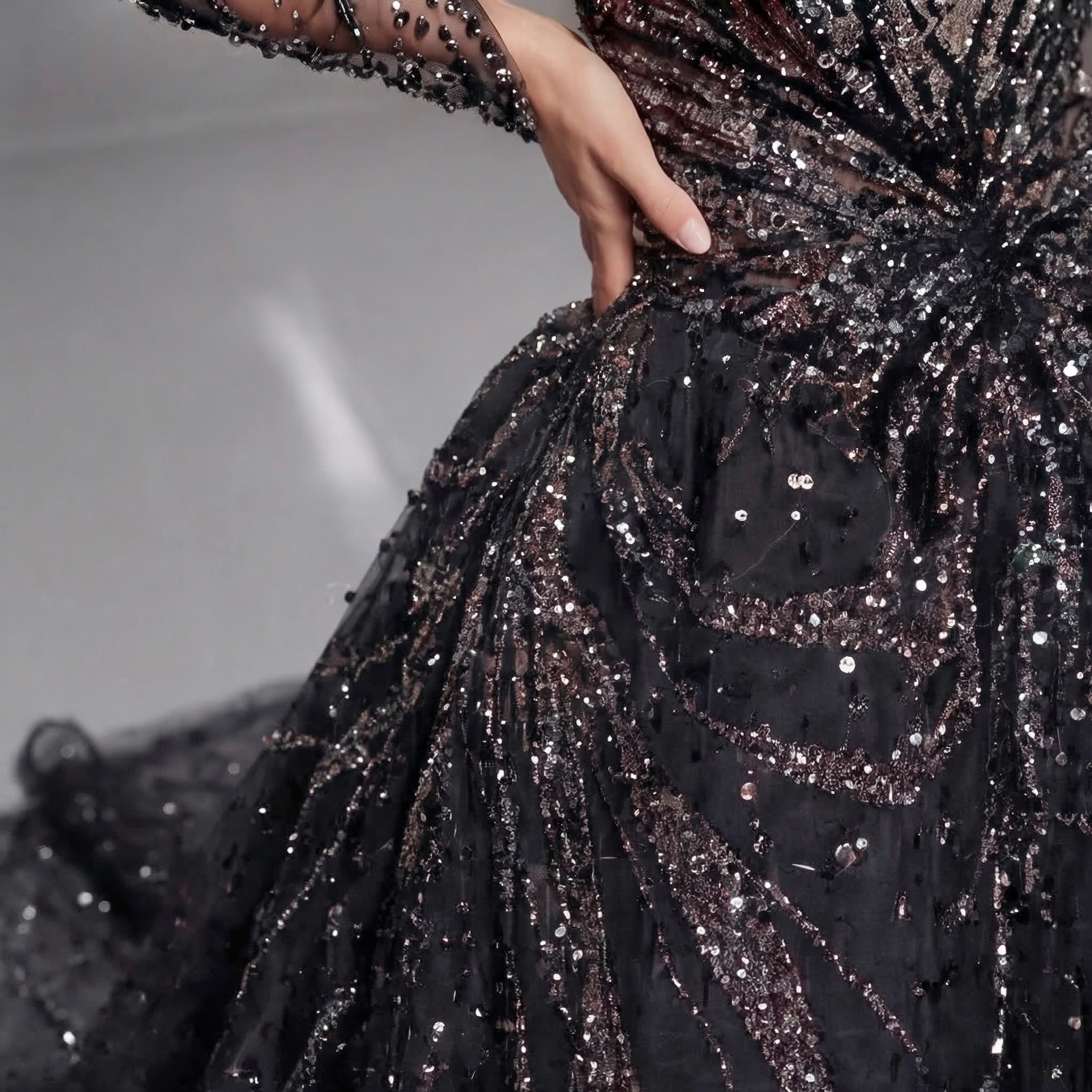 Black Glitter Long Sleeve Ball Gown with High Neck, Sheer Illusion Bodice, High Slit and Cathedral Train
