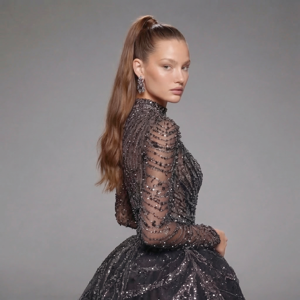 Black Glitter Long Sleeve Ball Gown with High Neck, Sheer Illusion Bodice, High Slit and Cathedral Train