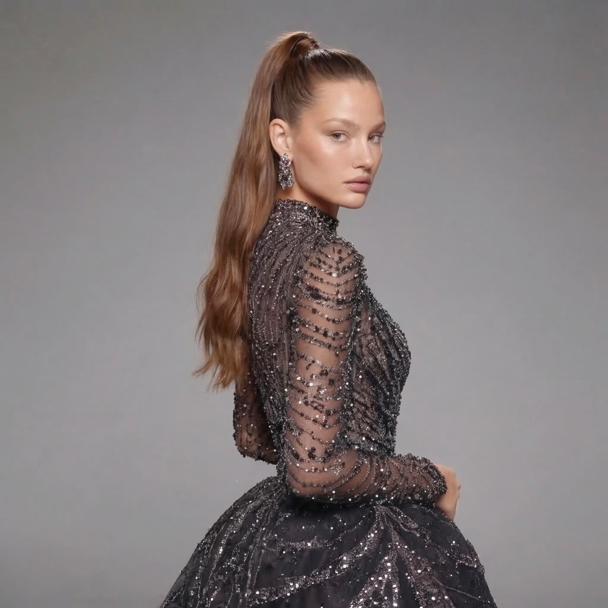 Black Glitter Long Sleeve Ball Gown with High Neck, Sheer Illusion Bodice, High Slit and Cathedral Train