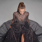 Black Glitter Long Sleeve Ball Gown with High Neck, Sheer Illusion Bodice, High Slit and Cathedral Train