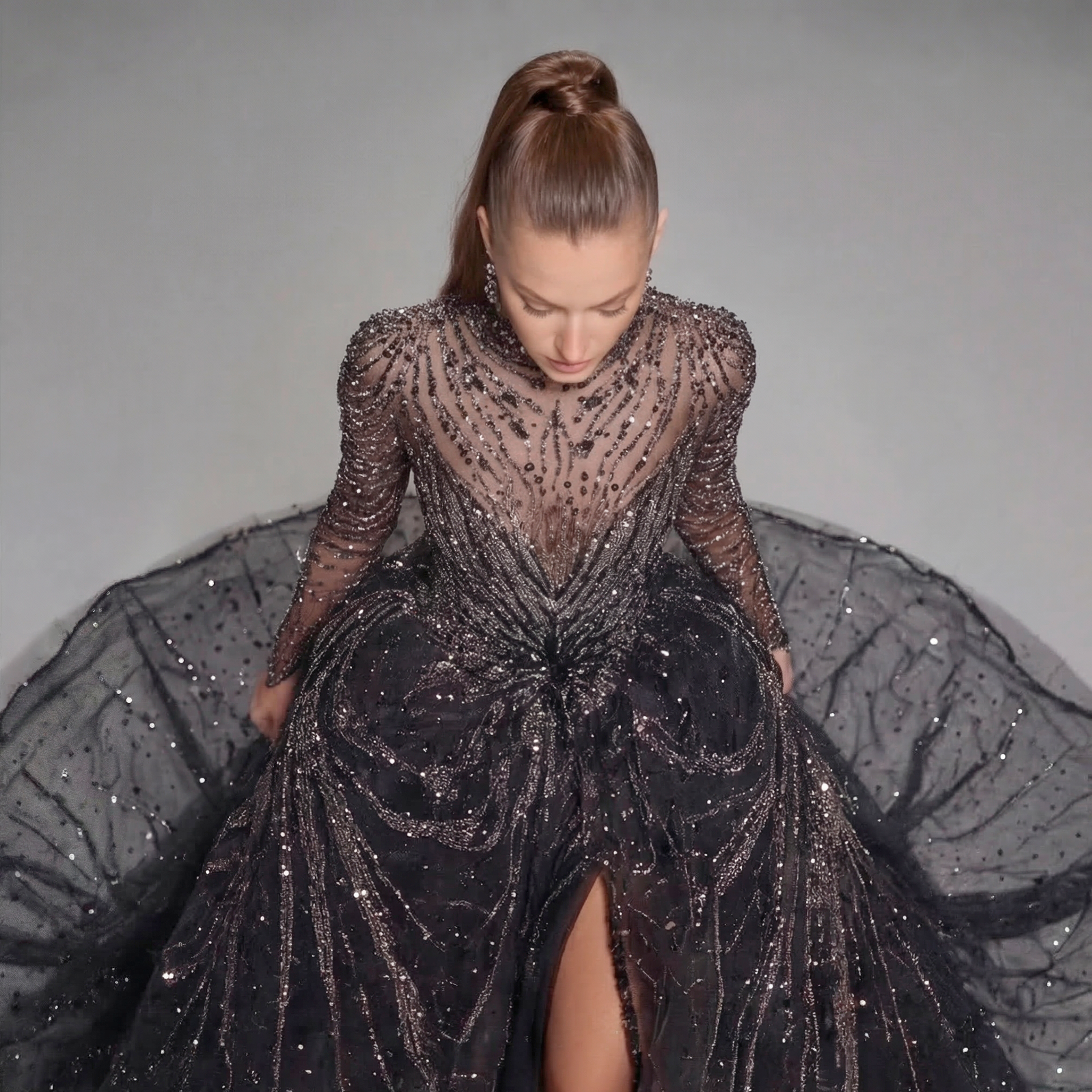Black Glitter Long Sleeve Ball Gown with High Neck, Sheer Illusion Bodice, High Slit and Cathedral Train
