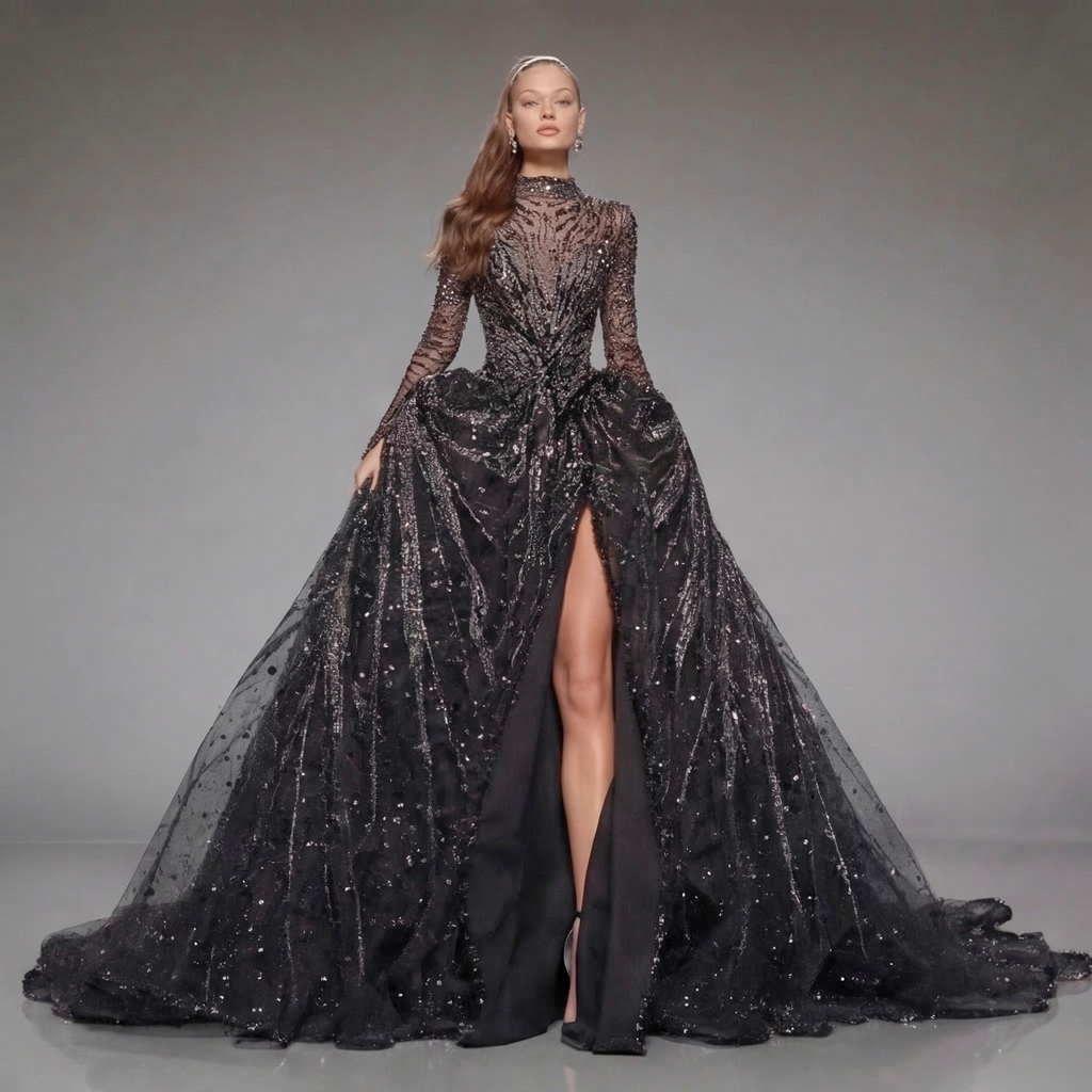 Black Glitter Long Sleeve Ball Gown with High Neck, Sheer Illusion Bodice, High Slit and Cathedral Train
