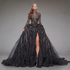 Black Glitter Long Sleeve Ball Gown with High Neck, Sheer Illusion Bodice, High Slit and Cathedral Train