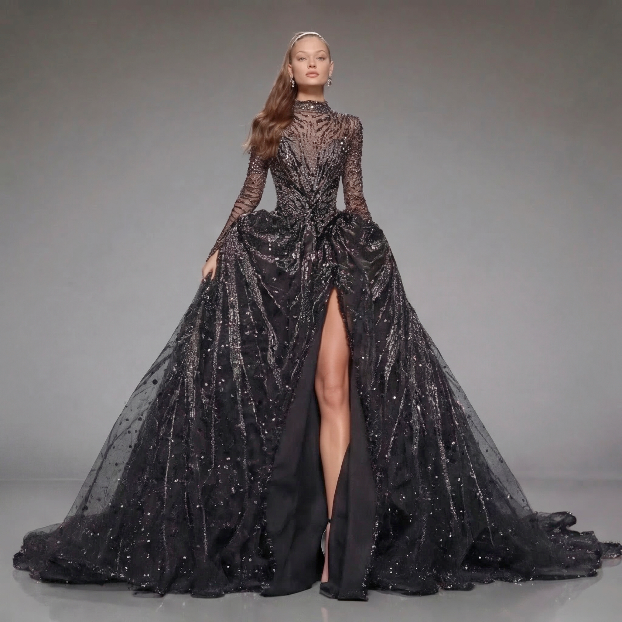 Black Glitter Long Sleeve Ball Gown with High Neck, Sheer Illusion Bodice, High Slit and Cathedral Train