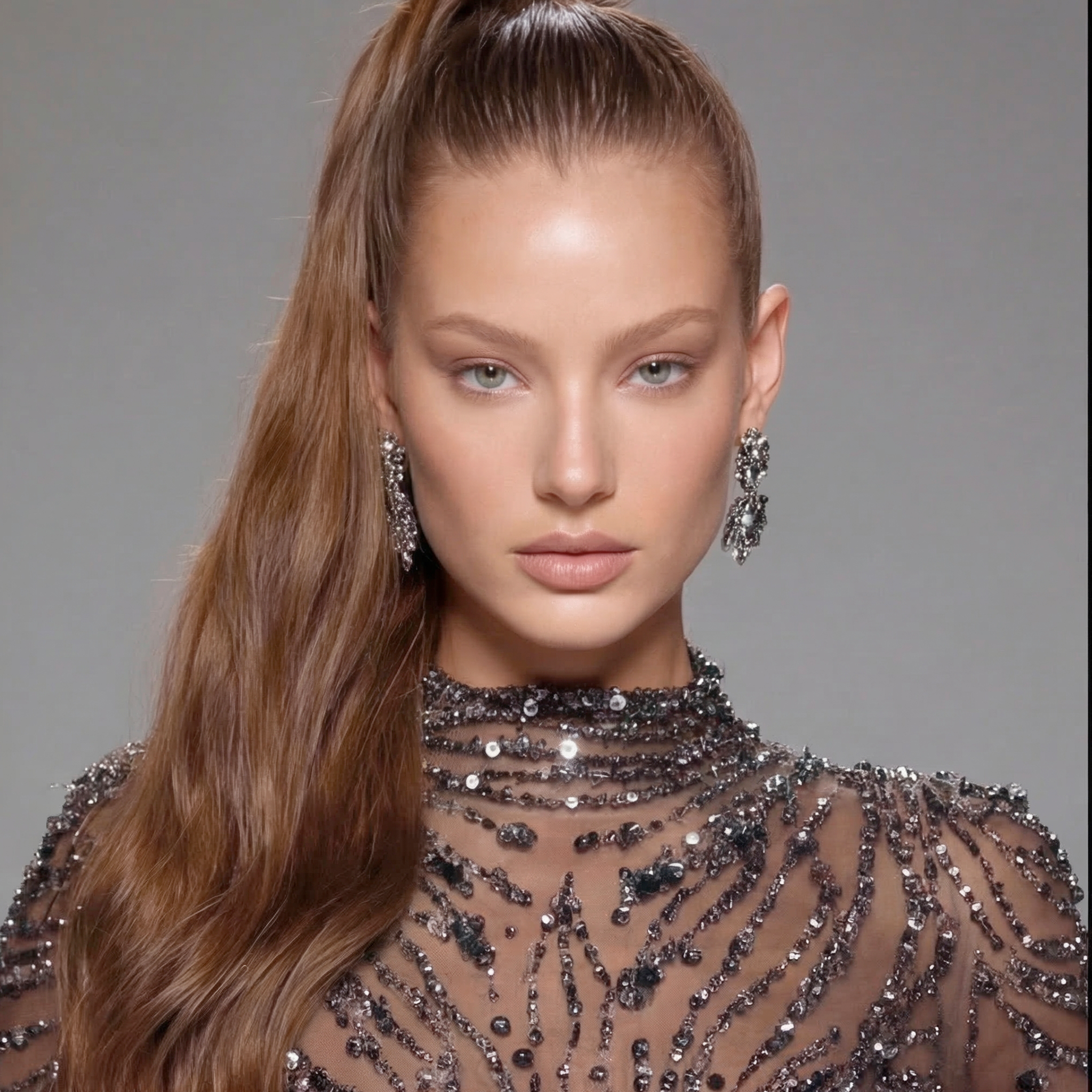 Black Glitter Long Sleeve Ball Gown with High Neck, Sheer Illusion Bodice, High Slit and Cathedral Train