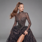 Black Glitter Long Sleeve Ball Gown with High Neck, Sheer Illusion Bodice, High Slit and Cathedral Train