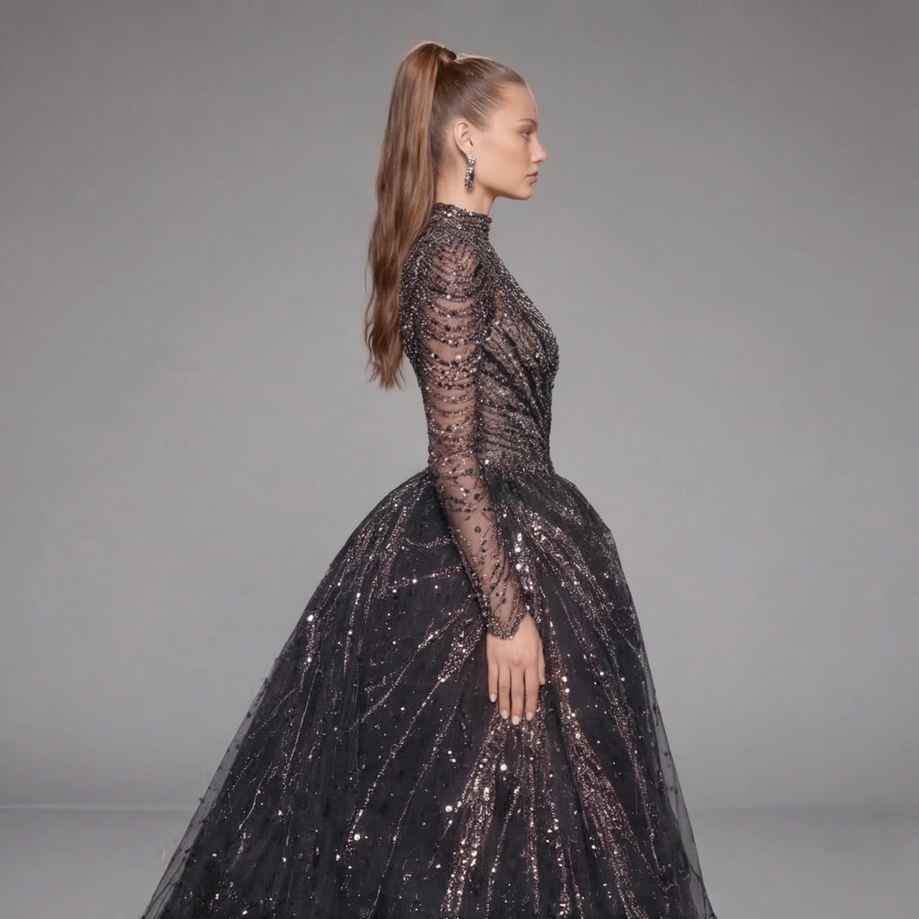 Black Glitter Long Sleeve Ball Gown with High Neck, Sheer Illusion Bodice, High Slit and Cathedral Train