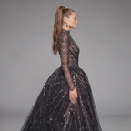 Black Glitter Long Sleeve Ball Gown with High Neck, Sheer Illusion Bodice, High Slit and Cathedral Train